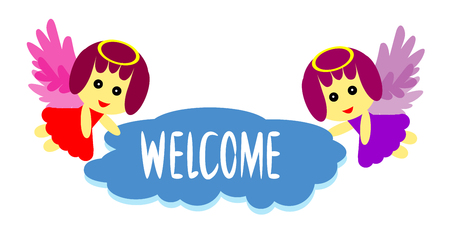 vector illustration welcome word with two cute angelsのイラスト素材