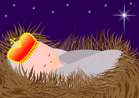 Baby Jesus in the manger with crown and star-Vector illustrationのイラスト素材