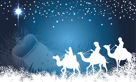 Three wisemen on their way to Bethlehem with baby jesus backgroundのイラスト素材