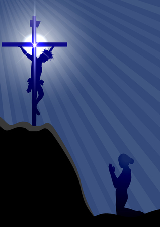 Silhouette of a woman kneeling and praying under the crossのイラスト素材
