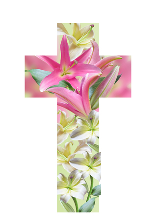 Christian cross made from lily flowers. Easter Cross.Religious Crossの写真素材