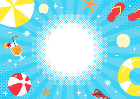 Summer background with sun and beach items. Vector illustration.のイラスト素材