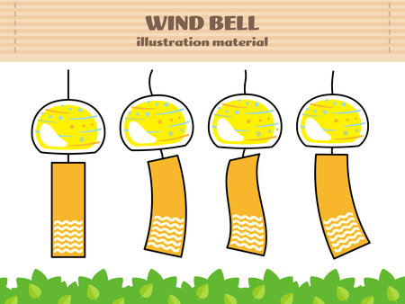 Summer image, wind bell illustration material, Yellow wind bell setのイラスト素材