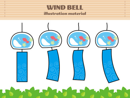 Summer image, wind bell illustration material, wind bell set with goldfish patternのイラスト素材