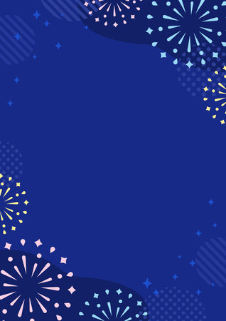 Colorful fireworks on blue background with copy space. Vector illustration.のイラスト素材