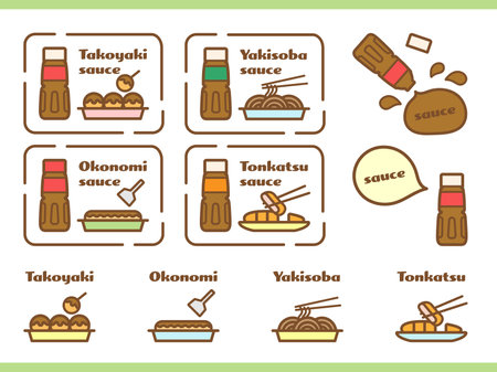 Vector illustration of a set of sauce and food icons in flat style. Vector illustration.のイラスト素材