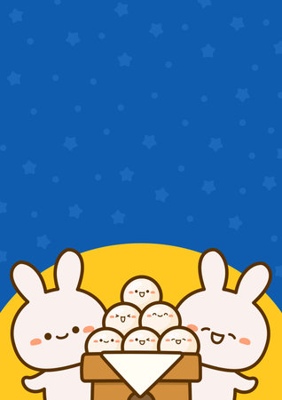 Rabbit and moon dumplings with full moon, star pattern background.Vector illustration.のイラスト素材