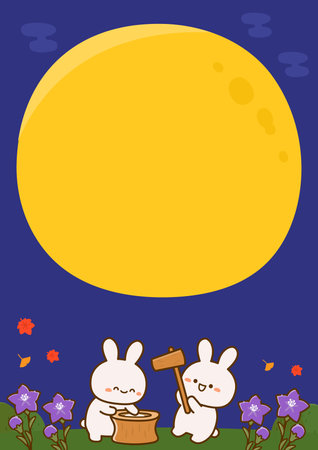 Illustration of moon viewing, full moon and rabbit making rice cakes.のイラスト素材