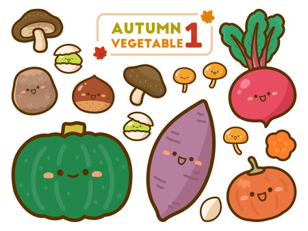 Illustration set of autumn vegetables, various vegetables with cute facesのイラスト素材