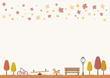Autumn park with bench, trees and bicycle. Vector illustration.のイラスト素材