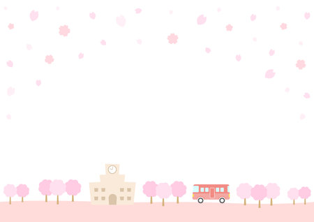 Cherry blossom and school bus background illustration vector. Japanese styleのイラスト素材