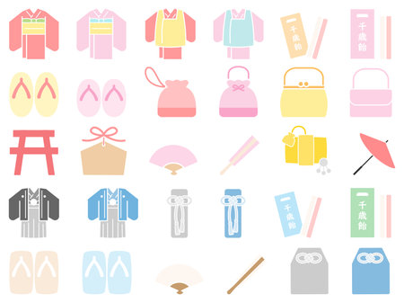 Set of icons related to a traditional Japan event called Shichi-go-san Vector illustration of Japanese clothes.Colorful icons.のイラスト素材