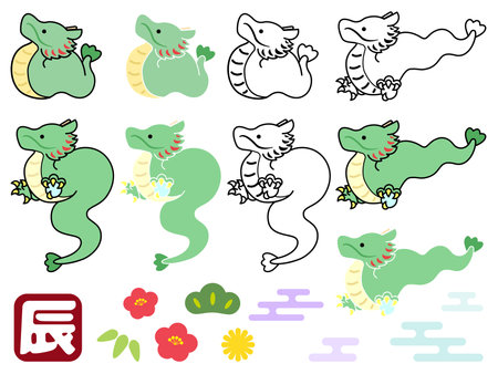 New Year's card illustration set, Dragon of the Year of the Dragon, Plants and Hankoのイラスト素材