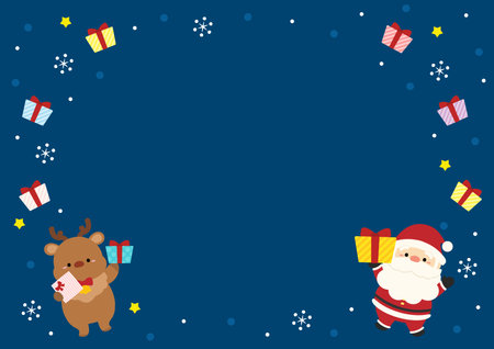 Illustration of Santa Claus, reindeer and presents, color background dark blue. Vector illustration.のイラスト素材