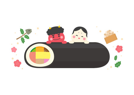 Setsubun illustration material, sushi named Ehomaki, red oni and otafukuのイラスト素材