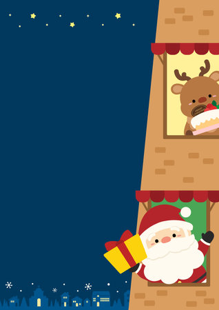 Greeting card of Santa Claus and reindeer looking out of the windowのイラスト素材