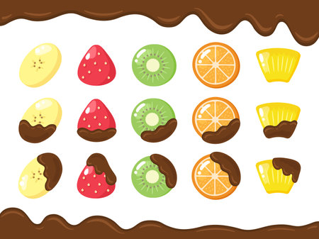 Cartoon illustration of a set of fruit and chocolate vector icons.のイラスト素材