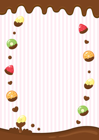 Illustration of a chocolate background with fruits on a striped backgroundのイラスト素材