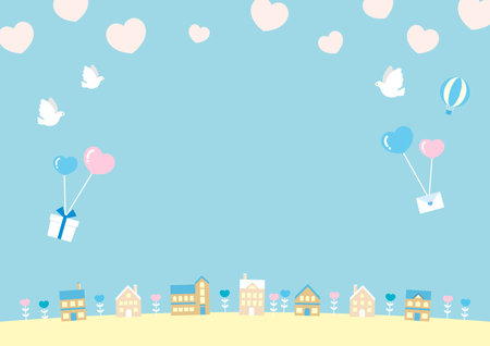 Illustration of a blue sky background with hearts, balloons and houses.ãWhite Day card background material, vector.のイラスト素材