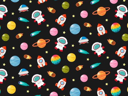 Seamless pattern with rocket, planets and stars. Vector illustrationのイラスト素材