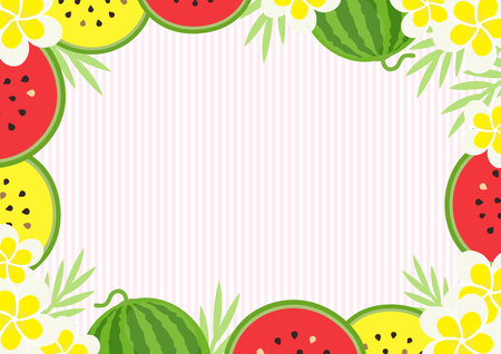 Watermelon and flower frame on white stripes background. Vector illustration.のイラスト素材