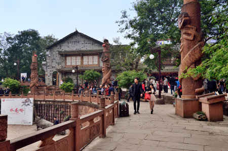 Chengdu, China - October 26,2013   The tourists exploring Chinese old culture and custom in Huanglongxi Ancient Town のeditorial素材