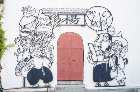 Georgetown,Penang - July 18,2015 : Wire steel rod wire art by local artist which is located at Chulia street in Georgetown, Penangのeditorial素材