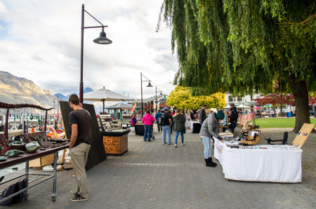 Queenstown,New Zealand - April 22,2016 : Creative Queenstown Arts and Crafts Markets which is located at the lake front at Earnslaw Park in Queenstown. There are selling wide variety of goods.のeditorial素材