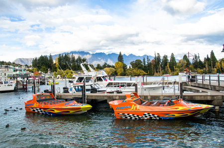 Queenstown,New Zealand - April 22,2016 : Boats parking at the jetty of Lake Wakatipu in Queenstown, New Zealand.のeditorial素材