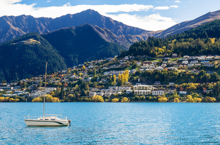 Lake Wakatipu in Queenstown, New Zealand.の写真素材