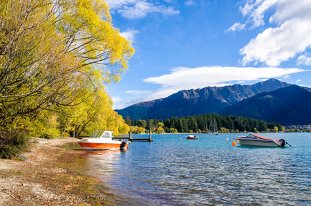 Queenstown,New Zealand - April 24,2016 : Boats parking at the jetty of Lake Wakatipu in Queenstown, New Zealand.のeditorial素材