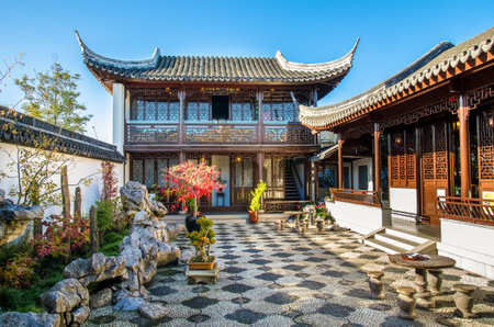 Dunedin,New Zealand - May 3,2016 : Tower block or conference room in The Dunedin Chinese Garden,this two-storey building is traditionally a place for a quiet drink with peaceful music.のeditorial素材