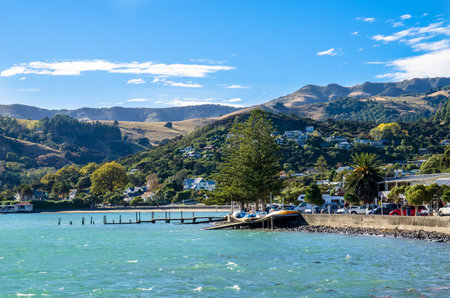 Akaroa,New Zealand - May 12,2016 : Jetty pier of Akaroa, south island of New Zealand.のeditorial素材