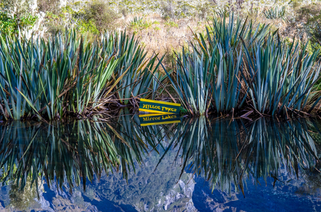 Reflection of Earl Mountains and signage of the Mirror Lakes on the Mirror Lakes which is located at the Milford Road,it is one of the New Zealand's great scenic routes.の写真素材