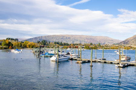 Wanaka,New Zealand - April 29,2016 : Boats parking at the jetty of Lake Wanaka ,south island of New Zealand.のeditorial素材