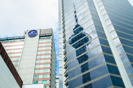 Auckland,New Zealand - September 18,2015 : SKYCITY Auckland Casino and Sky Tower reflected on the neighbour building in Auckland, New Zealandのeditorial素材