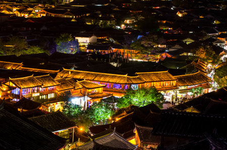 Bird eye view of local historical architecture roof building of Old Town of Lijiang in Yunnan, China.のeditorial素材
