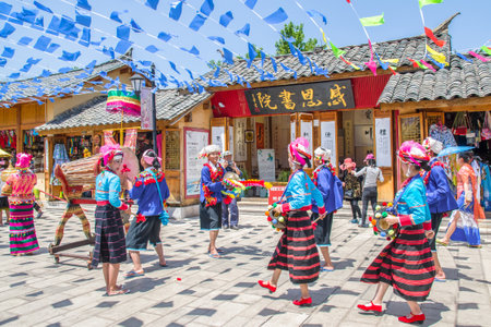 Kunming,China - April 9,2017 :Scenic view of the traditional performance by local  in Yunnan Nationalities Village which is located at Kunming,Chinaのeditorial素材