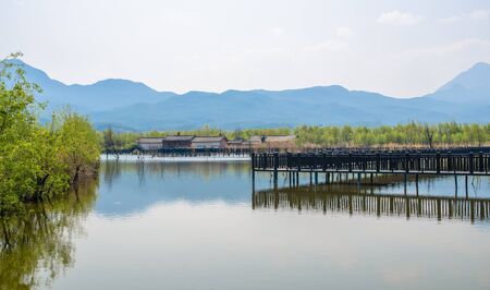 Lijiang Lashi Lake Wetlands is a national natural scenic spot near the city of Lijiang,China. The tourist activities there include horse riding, bird watching, boat ride and fishing.の写真素材