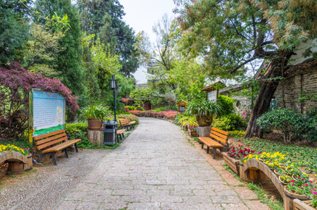 Lijiang,China - April 11,2017 : Landscape view of the Jade Spring Park, also named Heilongtan Park, it is located at the foot of Elephant Hill,Lijiang China.のeditorial素材