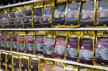 Hanoi,Vietnam - November 5,2017 : Various brand name of coffee for sale in the street of Hanoi Old Quarter,Vietnam.のeditorial素材