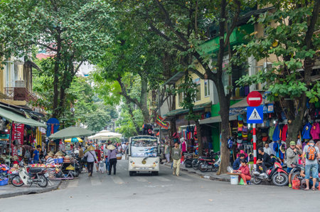 Hanoi,Vietnam - November 5,2017 : View of street view in Hanoi Old Quarter, capital of Vietnam. People can seen exploring around it.のeditorial素材