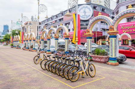 Kuala Lumpur, Malaysia - Feb 7,2017 : A row of obike are parking in Brickfields Little India in Kuala Lumpur.のeditorial素材