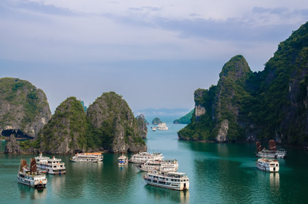 Halong Bay,Vietnam - November 4,2017 : Scenic landscape view of the Halong Bay with cruises from Surprise Cave (Sung Sot Cave),Vietnam.のeditorial素材