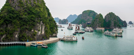 Halong Bay,Vietnam - November 4,2017 : Scenic landscape view of the harbor with cruises in Halong Bay from Surprise Cave (Sung Sot Cave),Vietnam.のeditorial素材