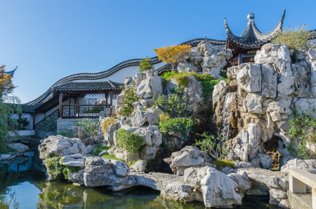 Dunedin,New Zealand - May 3,2016 : Pai Lau Gateway of the The Dunedin Chinese Garden in New Zealand, this elaborate archway represents "the face" of the garden.のeditorial素材
