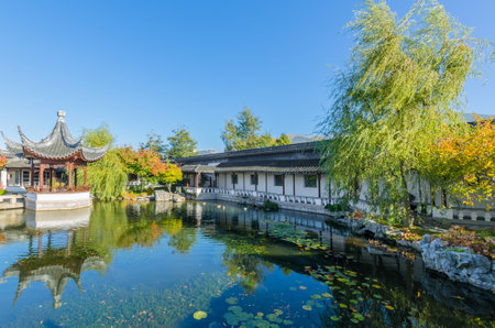 Dunedin,New Zealand - May 3,2016 : The Heart of the Lake Pavilion "Ting" of The Dunedin Chinese Garden in New Zealand.のeditorial素材