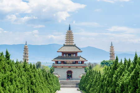 Dali, China - April 20,2017 : The Three Pagodas of Chongsheng Temple near Dali Old Town, Yunnan province, China.のeditorial素材