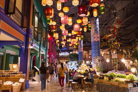 Iconsiam ,Thailand -Oct 30,2019:  Ground floor floating market in Iconsiam shopping mall can get the traditional Thai snacks, shops for regional handicrafts and etc.People can seen exploring around itのeditorial素材