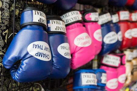 Muay Thai boxing gloves selling at the Chatuchak weekend market i Bangkok,Thailand.の写真素材